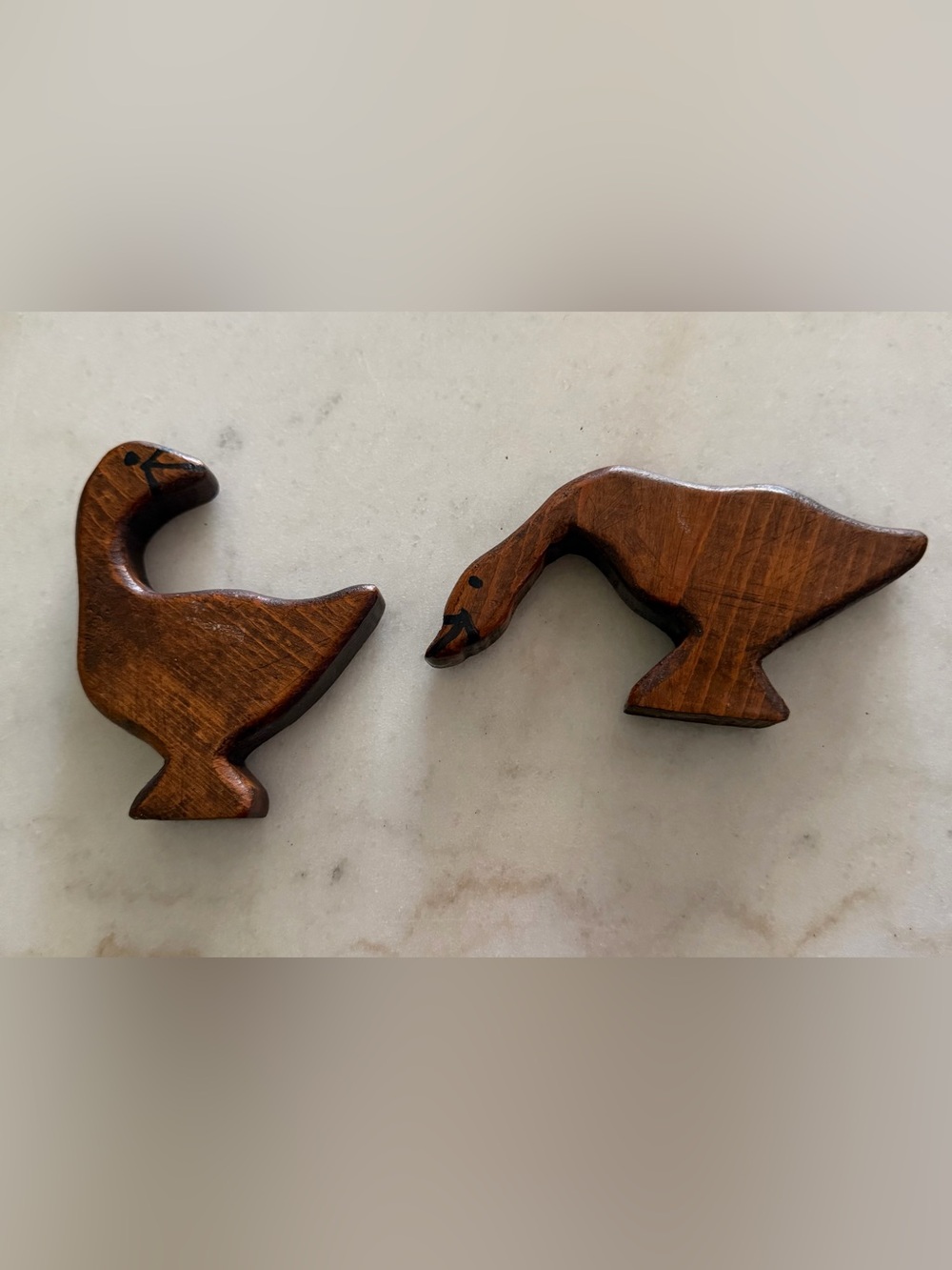 Vintage Set Of 2 Handmade Wood Country Geese Shelf Sitters Dark Wood Stain